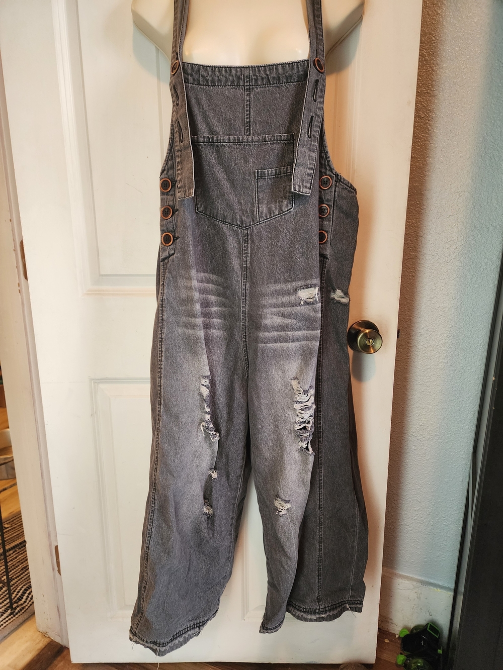 easel Men's Gray Distressed Denim Relaxed Overalls